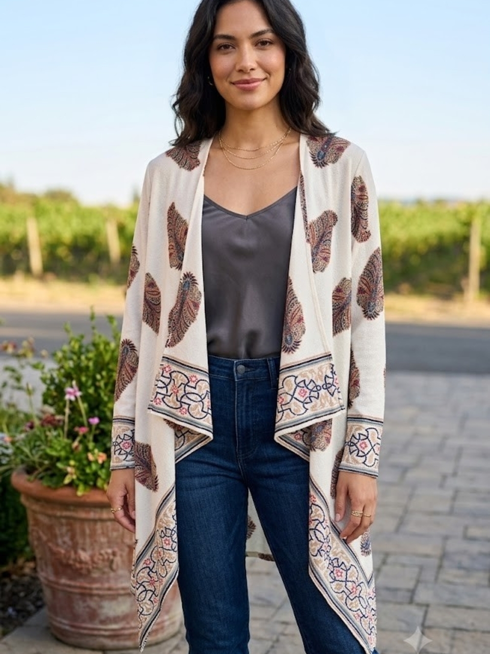 Ces Femme Cream Paisley Border Draped Cardigan